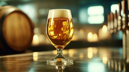 Refreshing craft beer pouring at a rustic brewery captivating glass warm ambiance close-up shot