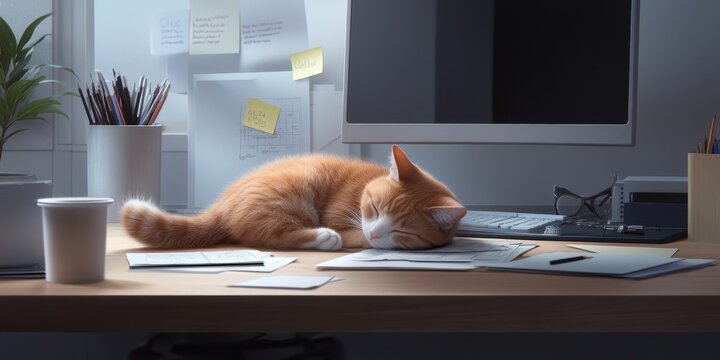Cozy cat napping on a cluttered office desk for relaxed work vibes