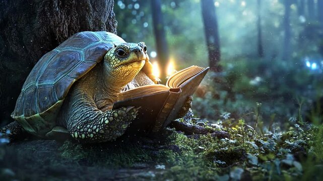 Enchanted Reader: A wise tortoise, engrossed in a magical book, bathed in soft, ethereal light, amidst a mystical forest scene, suggesting a whimsical tale of knowledge and wisdom.
