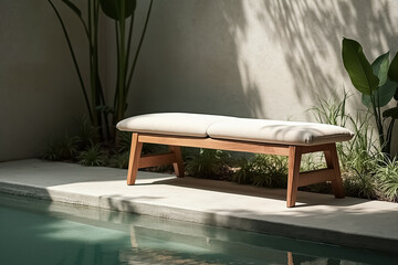 minimalist beige cushioned bench sits beside a refreshing pool in a tranquil outdoor setting