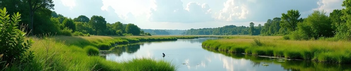 A scenic view of the lush Ussuri River wetland landscape with diverse flora and fauna,  lush,  environment