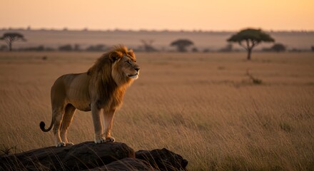 Majestic Lion Standing at Sunset