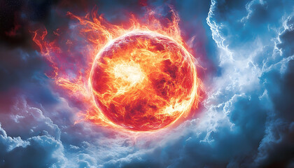 Fototapeta premium A vibrant, fiery sun surrounded by swirling clouds, illuminating a cosmic scene