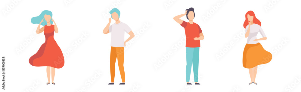 Poster people character standing and thinking or making decision vector set