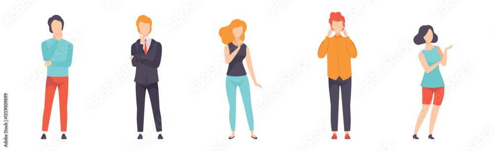 Poster people character standing and thinking or making decision vector set