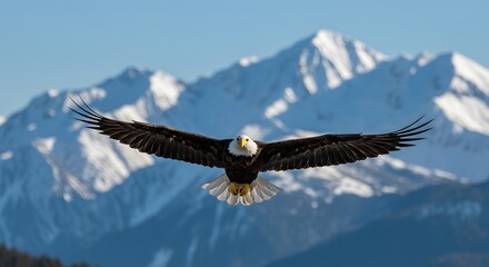 Bald Eagle Flying Over Snowy Mountains