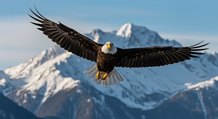 Majestic Bald Eagle Soaring Above Snowy Peaks