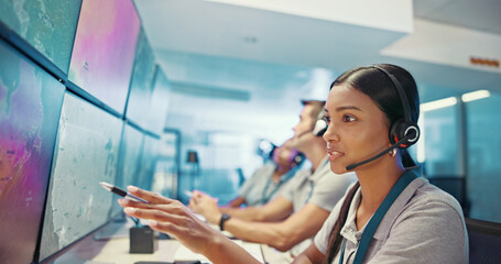 Computer screen, talking or woman with headset in control room for weather pattern, satellite...