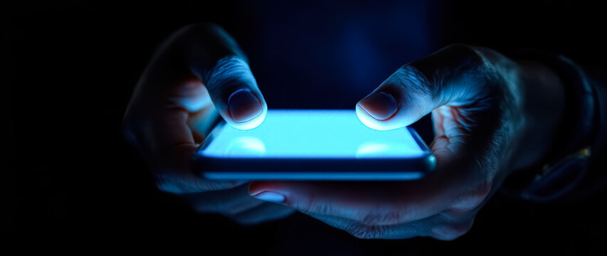 close-up of hands using a glowing smartphone in the dark