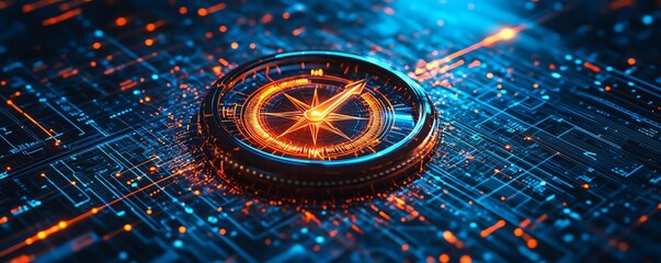 Digital compass design featuring a modern interface and illuminated arrows, set on a bright blue background, symbolizing precision navigation in digital data networks