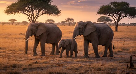 Elephant Family Walking at Sunset in the Savannah