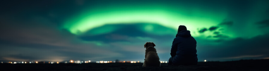 person and golden retriever silhouetted against a vibrant borealis