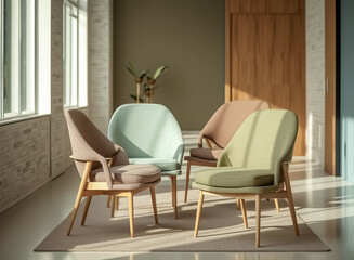 four pastel-colored chairs with light wooden legs arranged on a rug in a bright room
