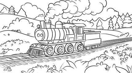 Black and white steam train in countryside landscape
