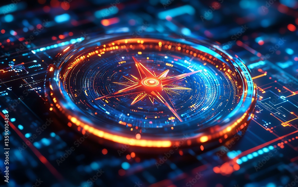 Poster hightech digital compass with neon lights, against a blue backdrop, illustrating the concept of adva