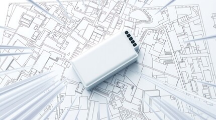 White device is placed on a detailed architectural blueprint