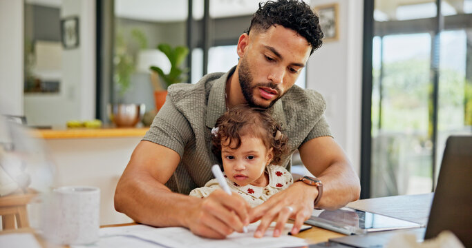 Writing, man or dad in home with baby or laptop for remote work, freelance research or business. Notes, single parent or father juggling parenting task for project deadline, planning or multitasking