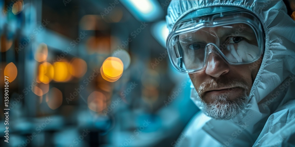 Poster scientist in protective suit and goggles working in high-security laboratory environment