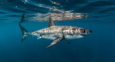 Great White Shark Hunting in Sunlit Ocean