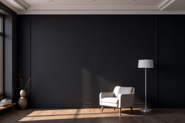Dark room interior with a dark wall and wooden floor. A white armchair and a floor lamp are placed in the sunlight. A vase with branches stands by the window.