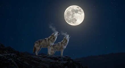 Wolves Howling at Full Moon in Dark Night