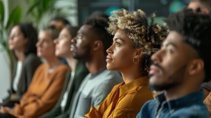Obraz premium A diverse group of people of different ages and backgrounds sitting in a conference room listening attentively to a financial advisor's presentation.