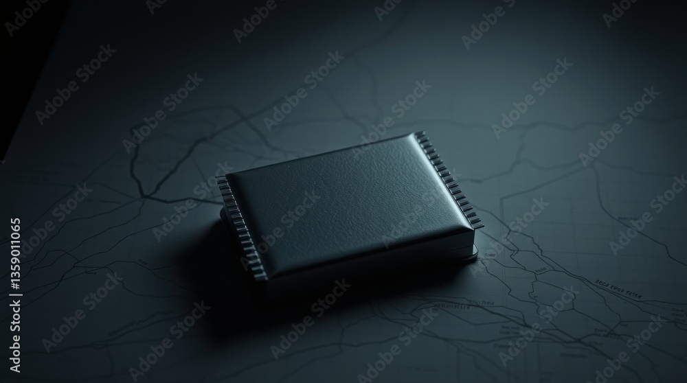 Poster microchip resting atop a topographic map in dim lighting