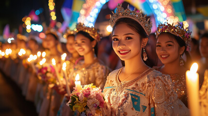 The lively Santacruzan procession on the streets of a Philippine city at dusk, young women wearing elegant Filipiniana dresses with glittering crowns, Ai generated images
