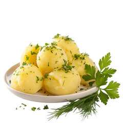 Boiled potatoes with dill in plate isolated on white
