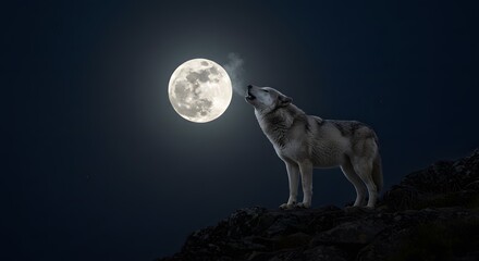 Wolf Standing Under Full Moon in the Wild