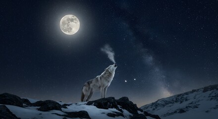 Majestic Wolf Standing in Moonlight on Rocky Peak