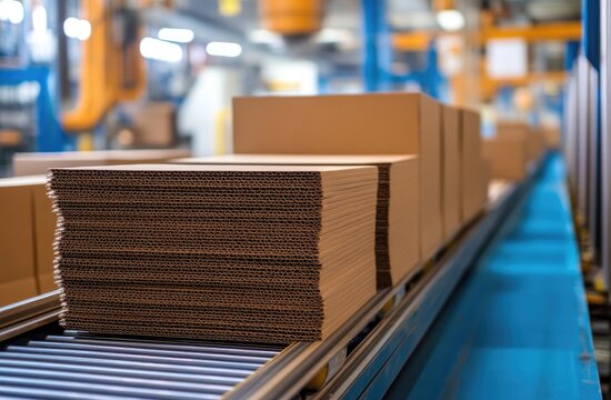 Cardboard boxes stacked on a conveyor belt in a factory.  Stacks of corrugated cardboard boxes move along an automated assembly line in a modern manufacturing facility