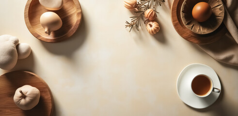 aromatic autumnal flatlay: beige pumpkins egg coffee wooden trays