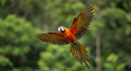 Exotic Parrot Flying Through Dense Jungle Canopy