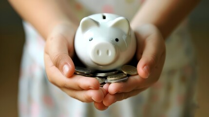 A close-up of hands holding a piggy bank and coins, symbolizing savings and financial responsibility.