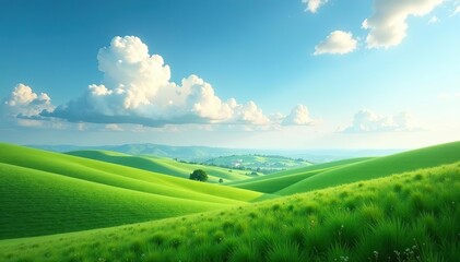 Obraz premium A serene landscape of rolling hills under a dramatic sky filled with fluffy white clouds, countryside, landscape