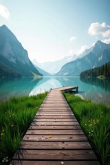A serene landscape photo of a wooden path leading to a calm lake, perfect for a minimal wallpaper,  minimalism,  peaceful