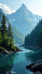 Fototapeta premium A serene landscape with towering mountains, dense forests, and tranquil rivers flowing in perfect harmony, tranquil, balance