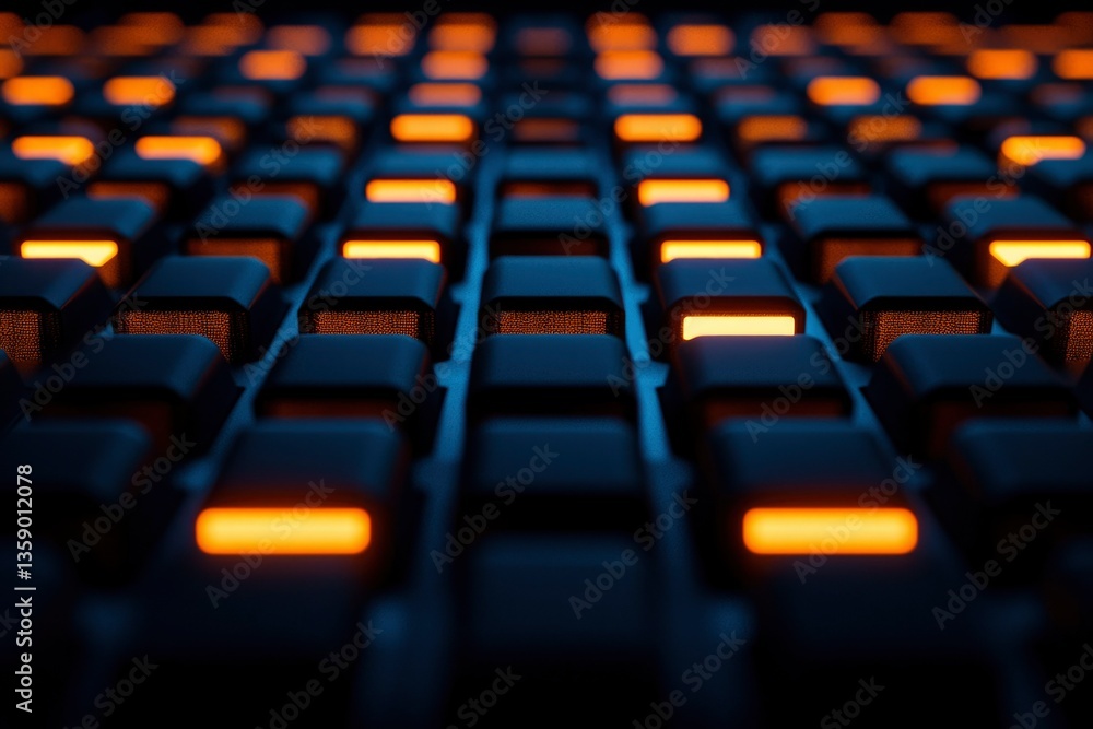 Poster dark keyboard with illuminated keys for gaming or industrial control in the background
