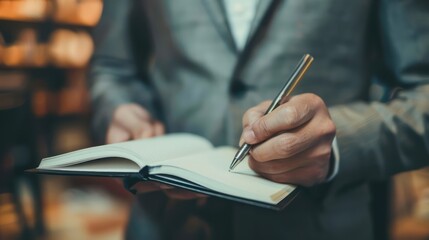 A businessman holding a pen and notebook, ready to take notes and make plans.