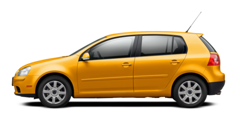 Modern European car with a side view, hatchback body, all yellow. In png format on a transparent background.