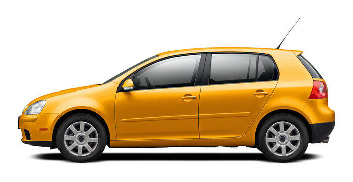 Modern European car with a side view, hatchback body, all yellow. In png format on a transparent background.