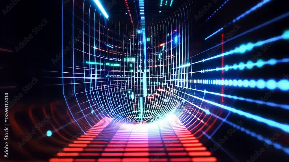 Poster futuristic digital tunnel with neon lights for tech visuals and sci-fi motion backgrounds