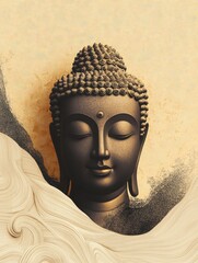 Meditating Buddha Portrait with Peaceful Expression and Flowing Art Elements