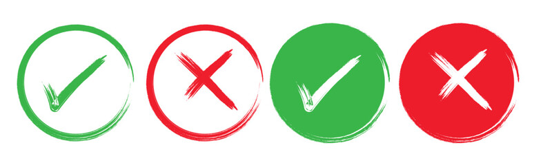 check mark icon button set. Green and black check mark, red cross mark icon set. check box icon with right and wrong buttons and yes or no checkmark icons in green tick box and red cross