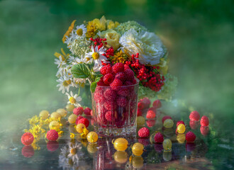 Beautiful summer still life with a bouquet of flowers and juicy berries (raspberries and gooseberries)