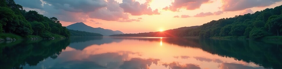 Naklejka premium A serene waterfront landscape with calm waters reflecting the surrounding lush greenery and colorful sunset sky, lush greenery, beauty