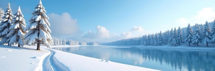 Fototapeta premium A serene winter landscape with snow-covered trees and a frozen lake under a clear blue sky, snow-covered, snowy