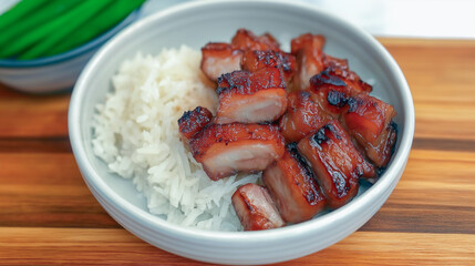 Char siew rice served with perfectly caramelized pork and fluffy white rice on a wooden table