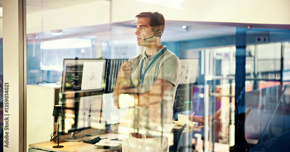 Poster control room, headset and thinking with man in airport for communication, safety or weather update. 